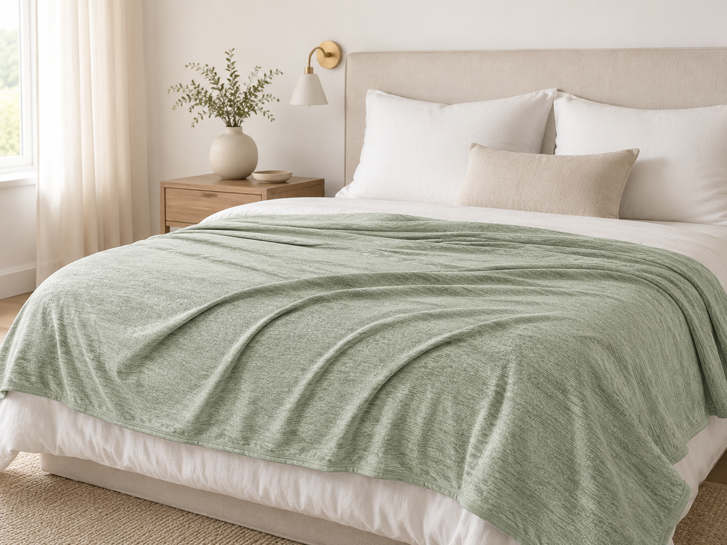 Moonchill cooling blanket in Sage Green draped on a bed