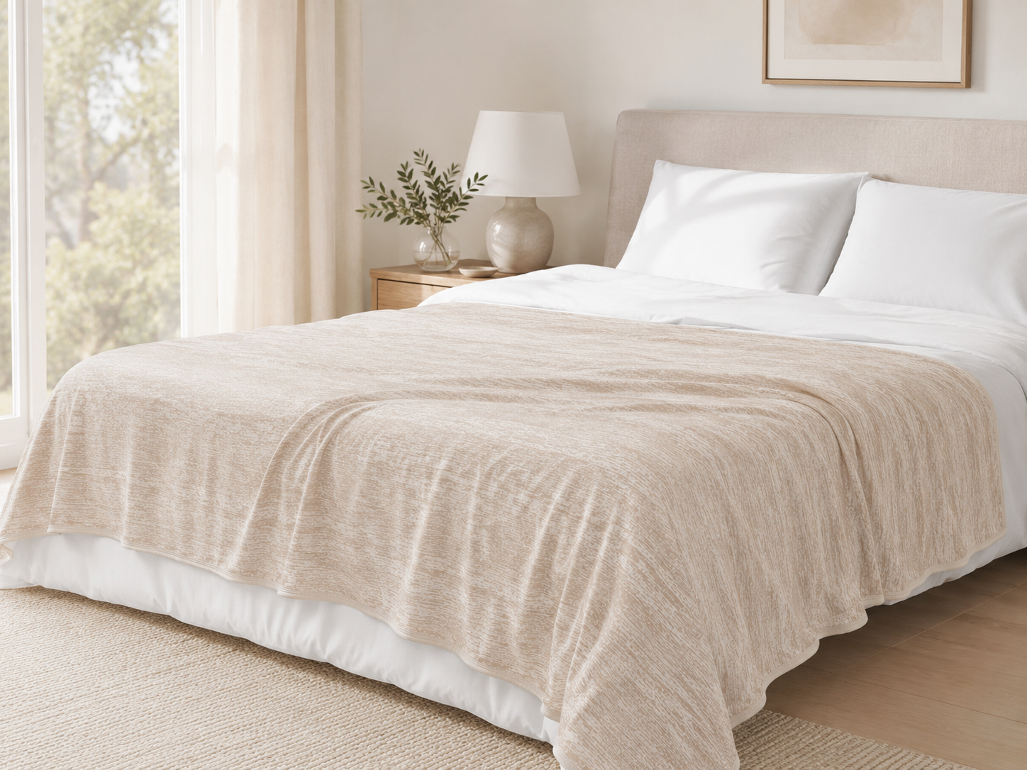 Moonchill cooling blanket in Cream draped on a bed