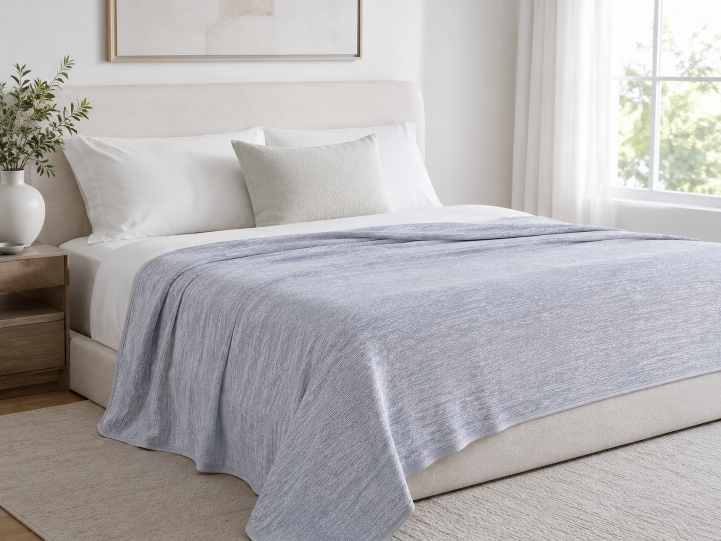 Moonchill cooling blanket in Heather Gray-Blue draped on a bed