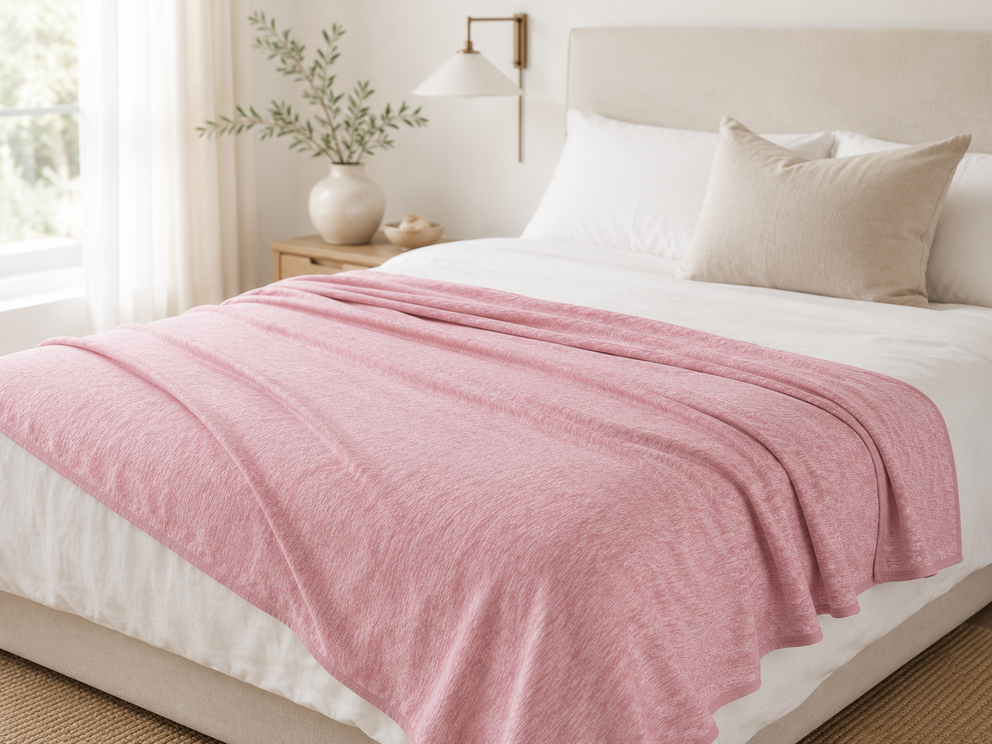 Moonchill cooling blanket in Rose Pink draped on a bed
